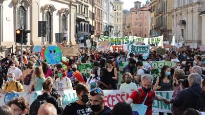 A student march protesting the lack of climate action ahead of the COP-26 Summit in Milan, Italy.