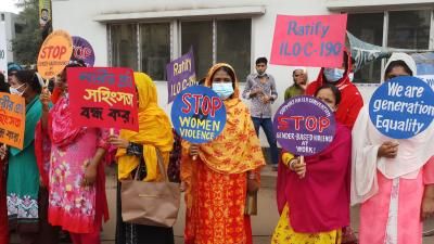 Garments workers stage a protest rally demanding to stop violence and harassment at workplace and ratification and realization of ILO convention-190, in Dhaka, Bangladesh